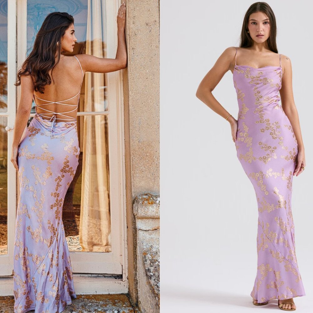 HOUSE OF CB 'Capriana' Orchid Jacquard Satin Gown NWOT - Picture 3 of 10